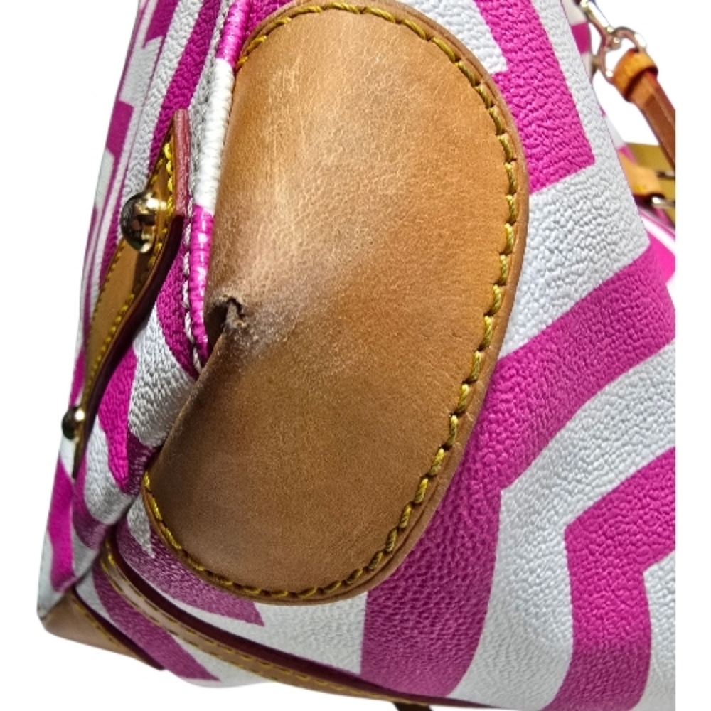Dooney And Bourke Pink And White Chevron Satchel With Leather Trim - Picture 13 of 16